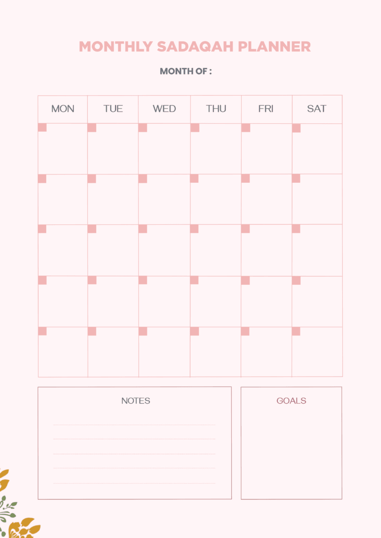 Monthly Sadaqah  Planner