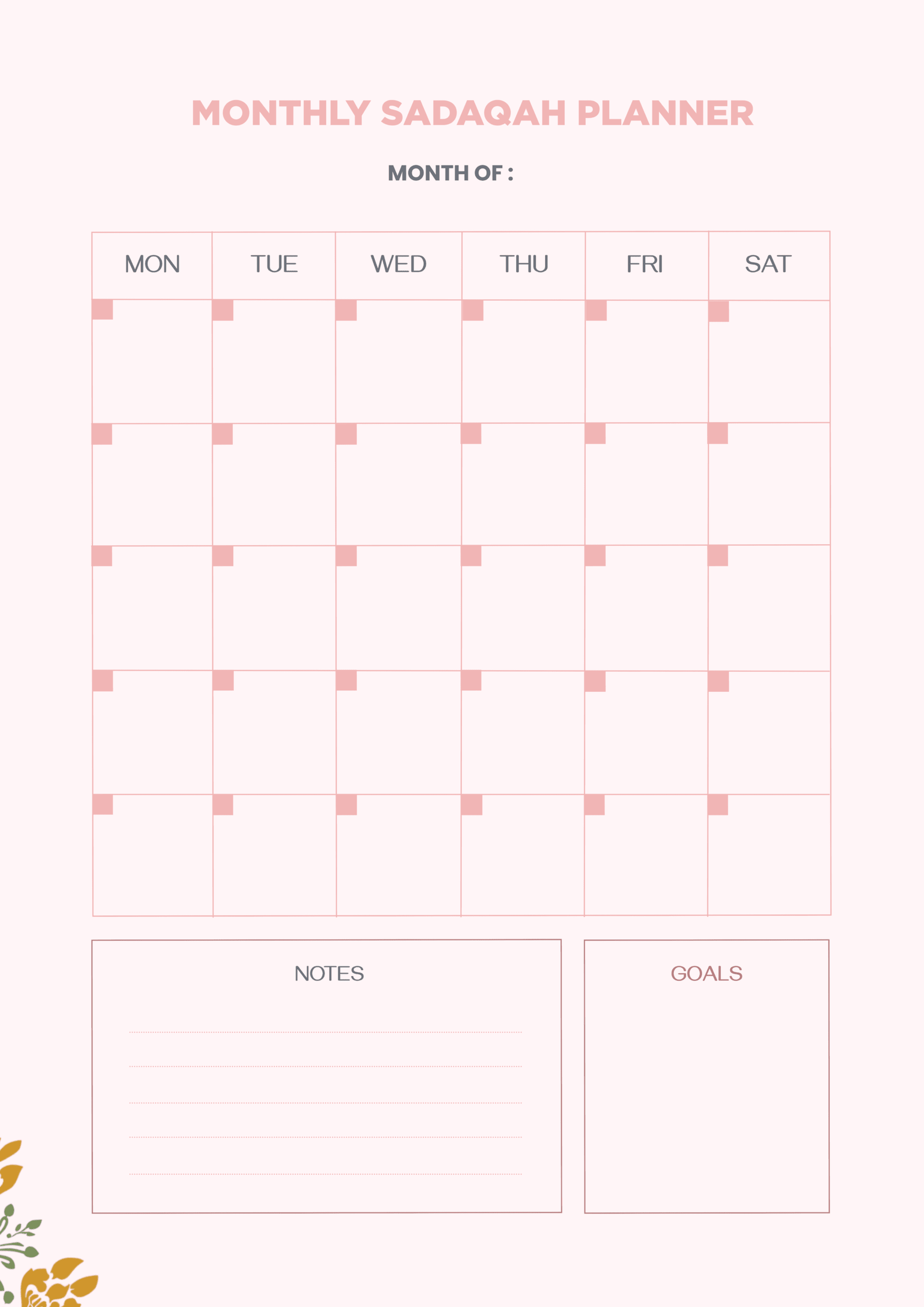 Monthly Sadaqah Planner