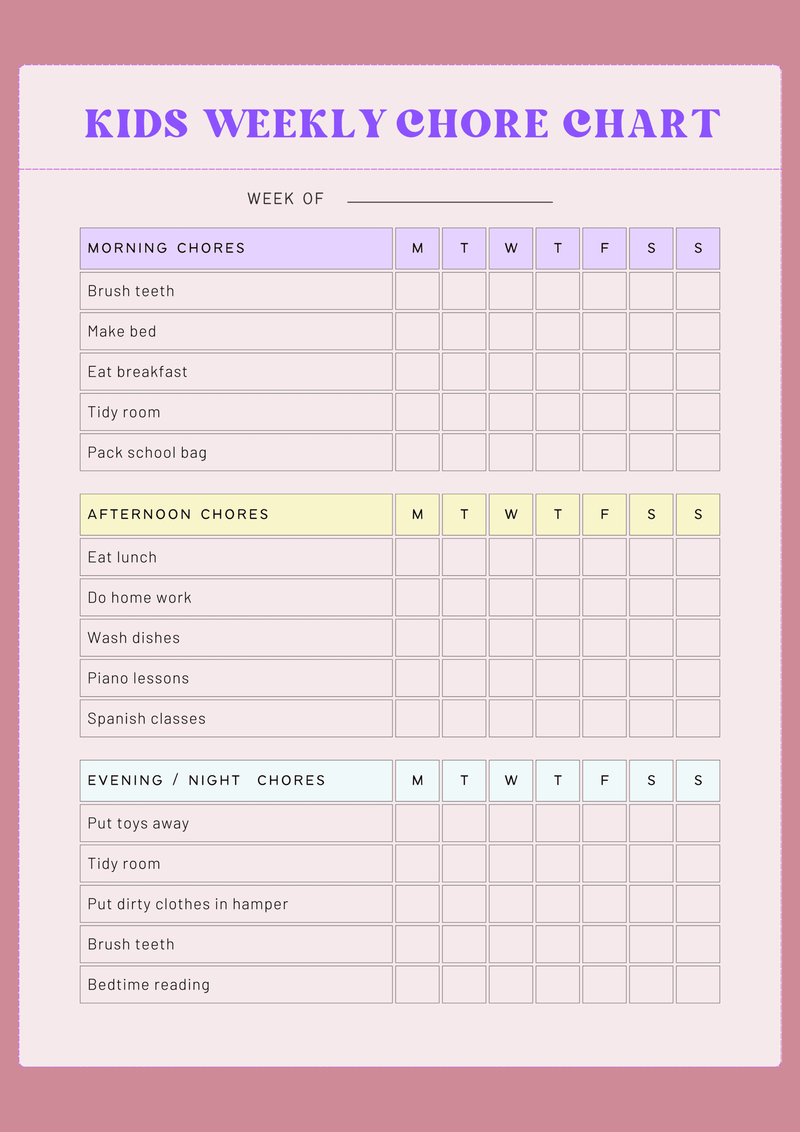 Kids Weekly Chore Chart